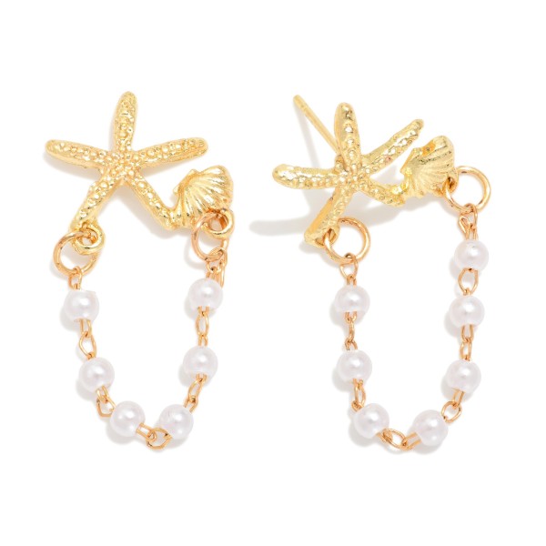 Metal Tone Starfish Post Drop Earring Featuring Linked Pearl Dangle Details 

- Approximately 1.5" L