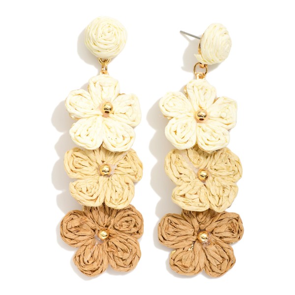 Linked Raffia Flower Post Drop Earring Featuring Gold Tones 

- Approximately 3" L 