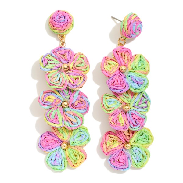 Linked Raffia Flower Post Drop Earring Featuring Gold Tones 

- Approximately 3" L 