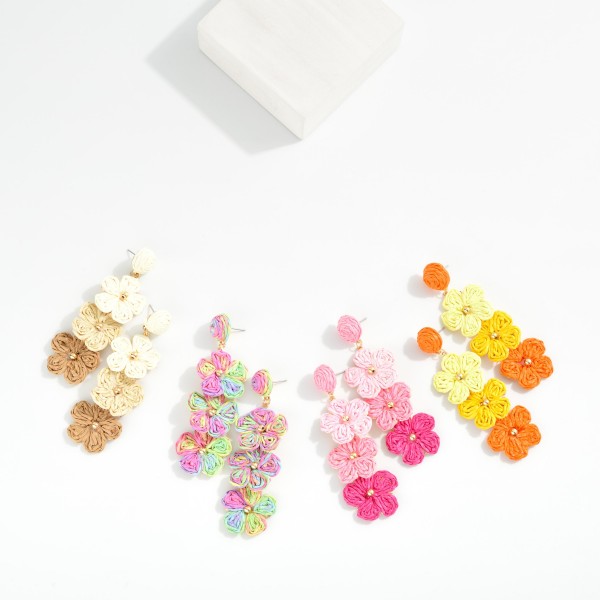 Linked Raffia Flower Post Drop Earring Featuring Gold Tones 

- Approximately 3" L 