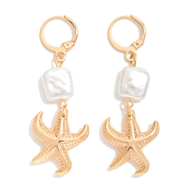 Linked Metal Tone Star Fish & Square Pearl Hoop Earrings 

- Approximately 2" L