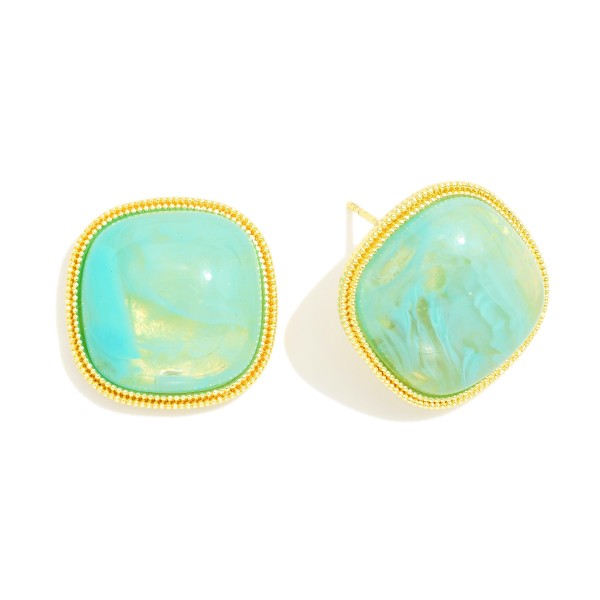 Natural Stone Post Drop Earring Featuring Metal Tone Border 

- Approximately .50" D 
