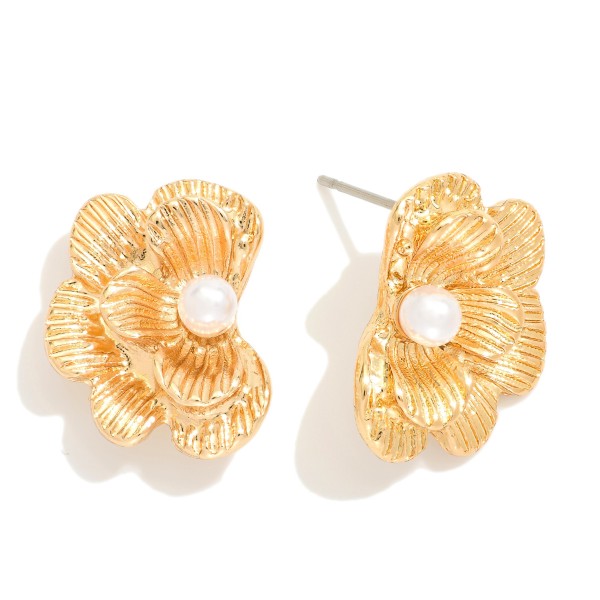 Metal Tone Flower Post Drop Earring Featuring Pearl 

- Approximately .5" D 