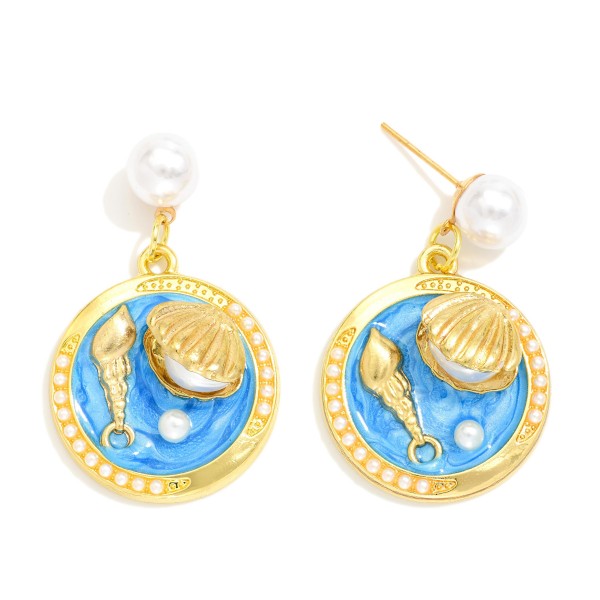 Linked Pearl And Metal Medallion Post Drop Earring Featuring Glitter Enamel And Metal Tone Shells Drop Earrings

- Approximately 1.5" L 