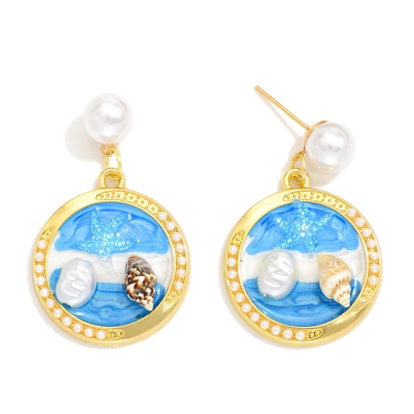 Linked pearl And Metal Medallion Post Drop Earring Featuring Glitter Enamel And Metal Tone Shells Drop Earrings

- Approximately 1.75" L 