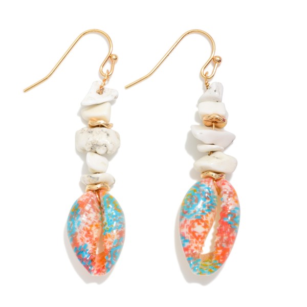 Painted Cowrie Shell Drop Earring Featuring Stones 

- Approximately 2" L 