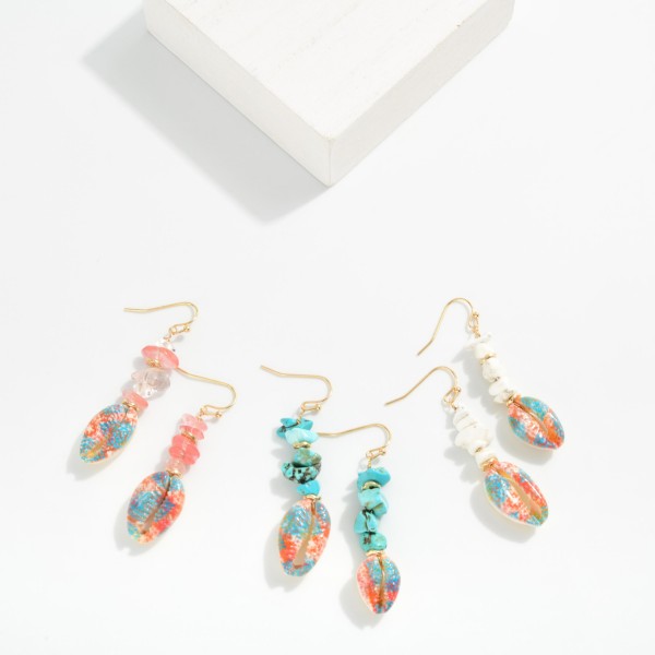 Painted Cowrie Shell Drop Earring Featuring Stones 

- Approximately 2" L 