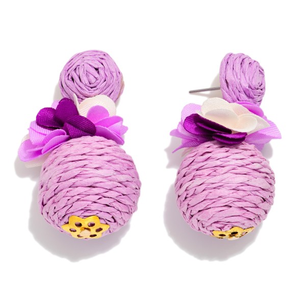 Raffia Ball Post Drop Earrings With Flower Detail 

- Approximately 1.75" L