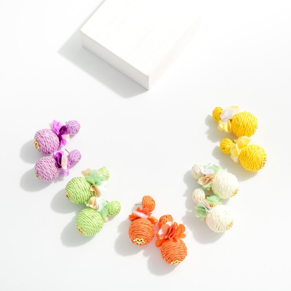 Raffia Ball Post Drop Earrings With Flower Detail 

- Approximately 1.75" L