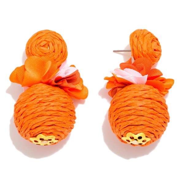 Raffia Ball Post Drop Earrings With Flower Detail 

- Approximately 1.75" L