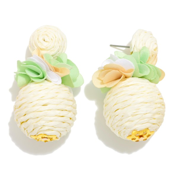 Raffia Ball Post Drop Earrings With Flower Detail 

- Approximately 1.75" L