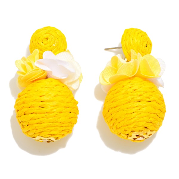 Raffia Ball Post Drop Earrings With Flower Detail 

- Approximately 1.75" L