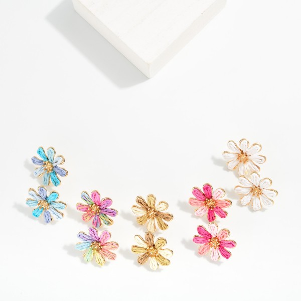 Metal Tone & Raffia Flower Post Drop Earrings 

- Approximately 1" L
