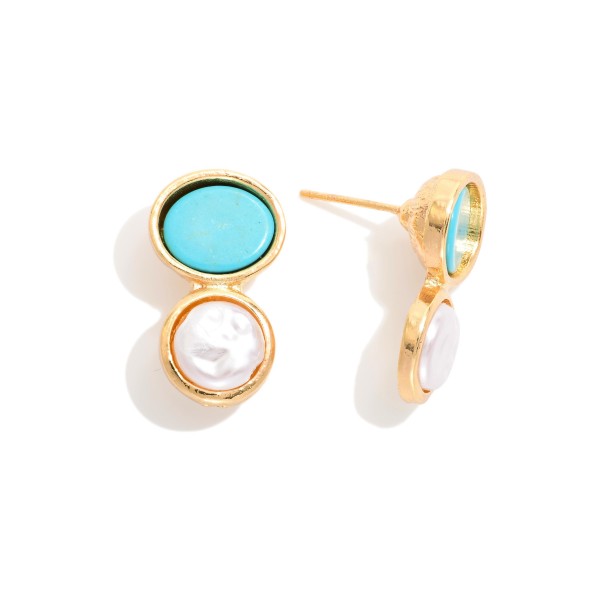 Turquoise & Pearl Oval Post Drop Earrings 

- Approximately .75" L