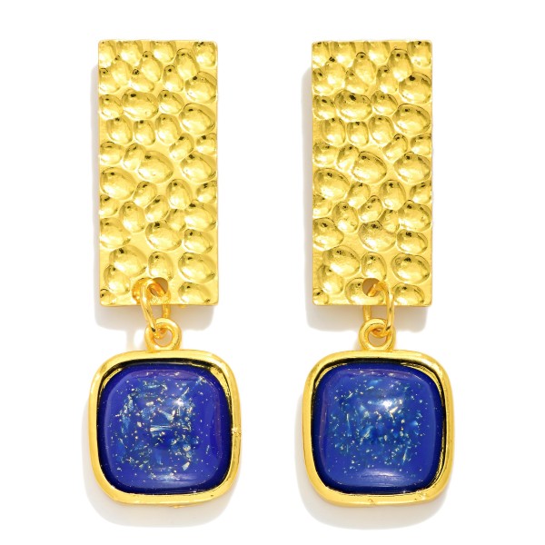 Metal Tone Hammered Rectangular Post Drop Earring Featuring Stone Dangle detail

- Approximately 1.75" L  