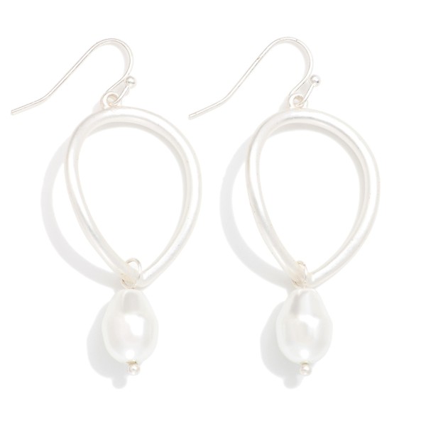 Metal Tone Convex Drop Earrings Featuring Pearl Dangle Detail 

- Approximately 2" L