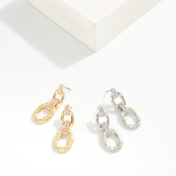 Linked Hammered Metal Rectangle Post Drop Earrings Featuring Rhinestone Details 

- Approximately 1.25" L