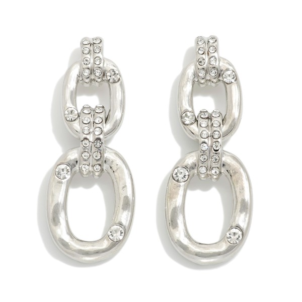 Linked Hammered Metal Rectangle Post Drop Earrings Featuring Rhinestone Details 

- Approximately 1.25" L