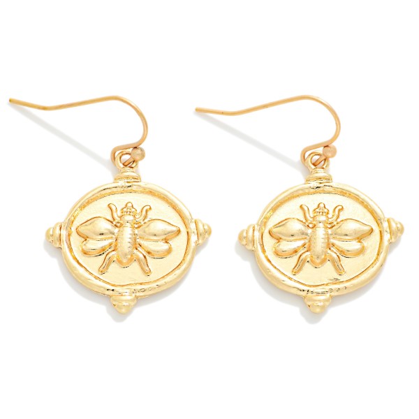 Metal Tone Oval Drop Earring Featuring Bee 

- Approximately 1" L 