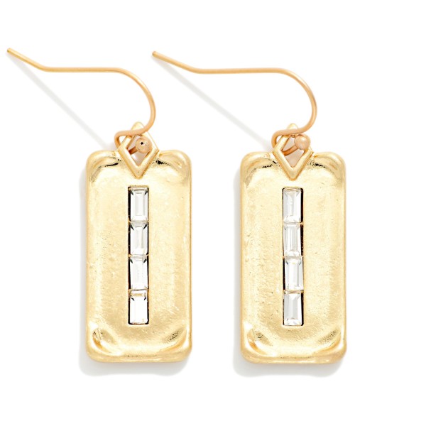 Worn Metal Rectangle Drop Earrings Featuring Baguette Details 

- Approximately 1.25" L