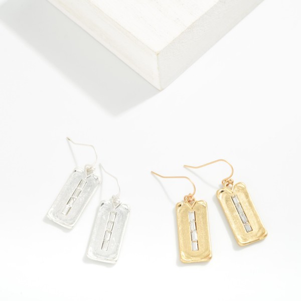 Worn Metal Rectangle Drop Earrings Featuring Baguette Details 

- Approximately 1.25" L