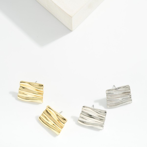 Ribbed Metal Tone Wavy Rectangle Post Drop Earrings 

- Approximately .75" L