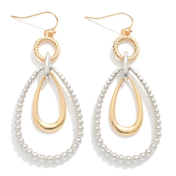 Metal Tone Textured Teardrop Drop Earring Featuring  Nesting Teardrop 

- Approximately 2.75" L 