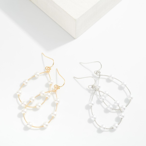 Pearl Beaded Wire Teardrop Drop Earrings 

- Approximately 2" L


