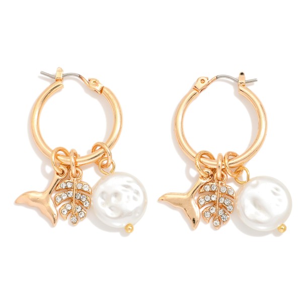 Metal Tone Hoop Earrings Featuring Pearl, Whale Tail, & Rhinestone Palm Leaf

- Approximately 1.25" L