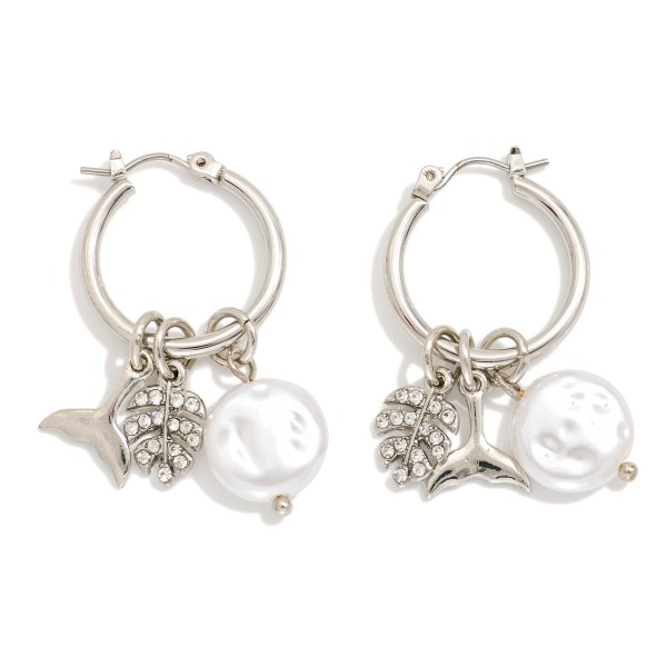 Metal Tone Hoop Earrings Featuring Pearl, Whale Tail, & Rhinestone Palm Leaf

- Approximately 1.25" L
