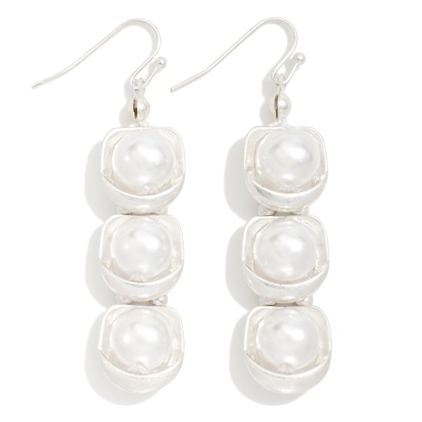 Nesting Pearl With Metal Tone Border Post Drop Earrings 

- Approximately 2" L 