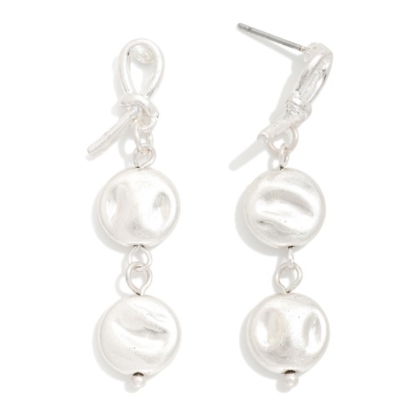 Linked Knotted Metal Post & Hammered Metal Disk Post Drop Earrings 

- Approximately 1.5" L