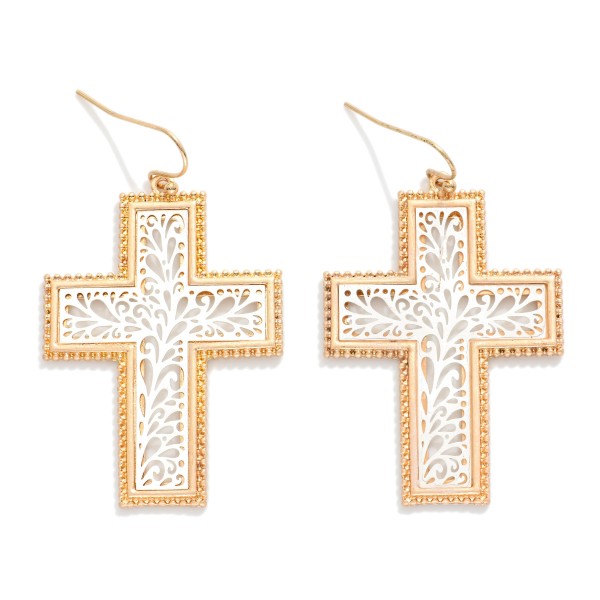 Metal Tone Filigree Cross Drop Earrings 

- Approximately 2" L
