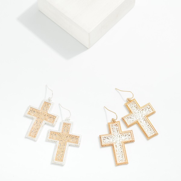 Metal Tone Filigree Cross Drop Earrings 

- Approximately 2" L
