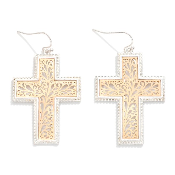 Metal Tone Filigree Cross Drop Earrings 

- Approximately 2" L
