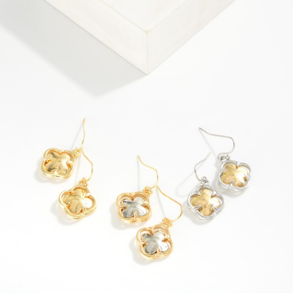 Metal Tone Clover Drop Earrings 

- Approximately 1" L 
