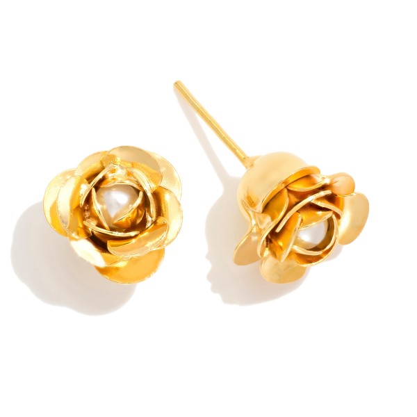 Metal Tone Flower Stud Earrings With Pearl Detail 

- Gold Filled 
- Approximately .25" L