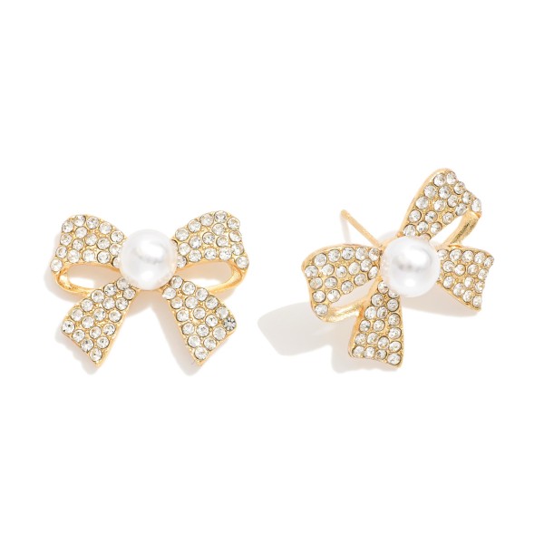 Rhinestone Bow & Pearl Post Earrings 

- Approximately .75" L