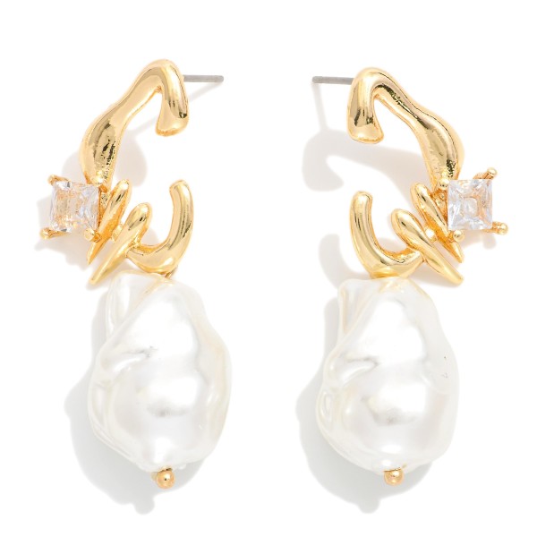 Metal Hoop & Baroque Pearl Post Drop Earrings Featuring Rhinestone Detail 

- Approximately 1.25" L