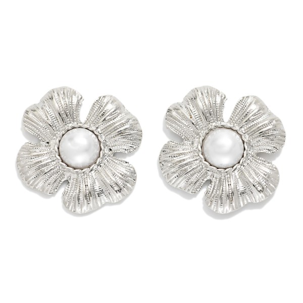 Metal Tone & Pearl Flower Post Drop Earrings 

- Approximately 1" L