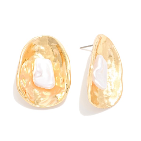 Hammered Metal Concave Oval Post Drop Earrings Featuring Baroque Pearl Detail 

- Approximately 1" L