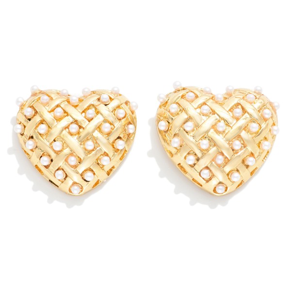 Woven Metal Heart Post Drop Earrings With Pearl Details 

- Approximately 1" L