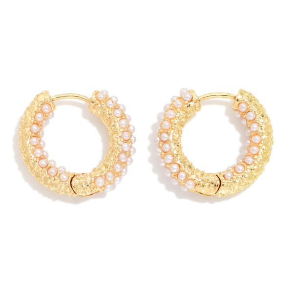 Metal Tone Pearl Studded Hoop Earrings 

- Approximately .5" D