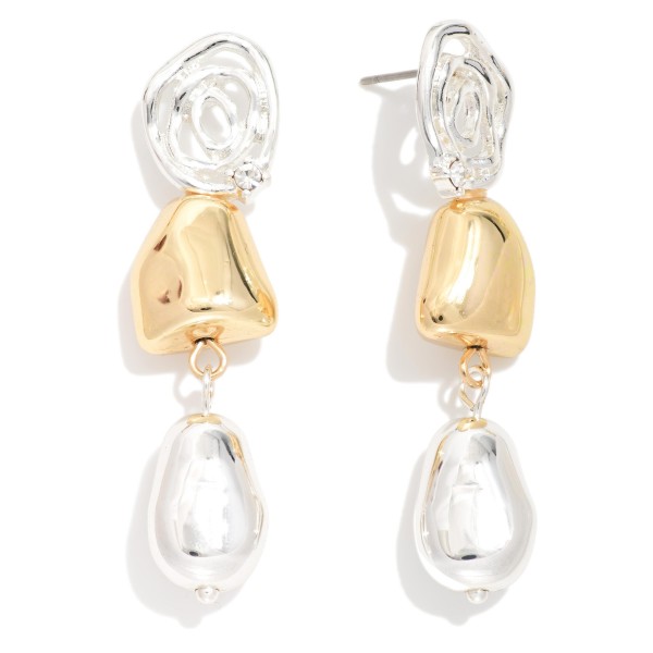 Linked Two Tone Metal Swirl & Nugget Drop Earrings 

- Approximately 2" L