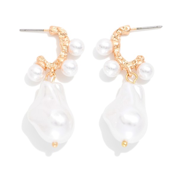 Baroque Pearl & Pearl Studded Textured Metal Hoop Post Drop Earrings 

- Approximately 2" L