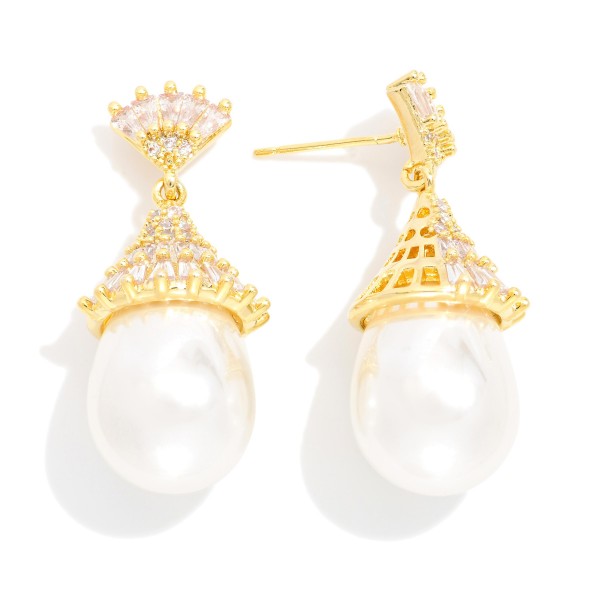 Baguette Diamond & Pearl Post Drop Earrings

- Approximately 1" L 