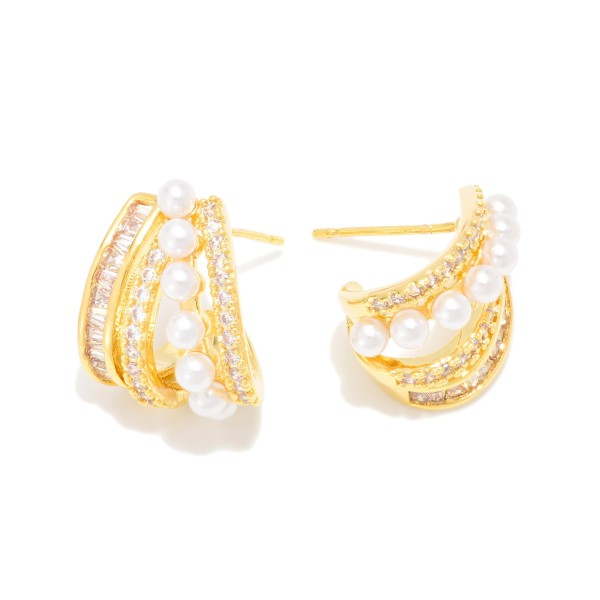 Layered Metal Tone Hoop Earring Featuring Pearls, & Rhinestone’s 

- Approximately .50" L 