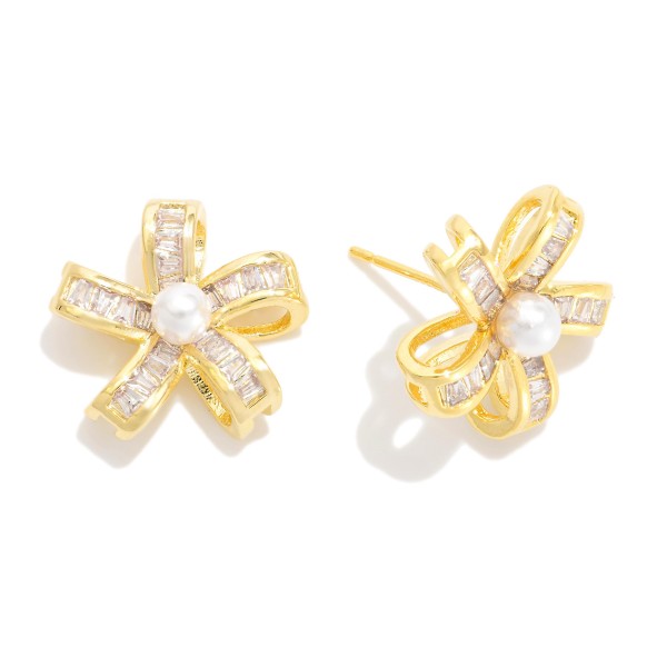 Rhinestone & Pearl Metal Flower Stud Earrings 

- Approximately .5" L