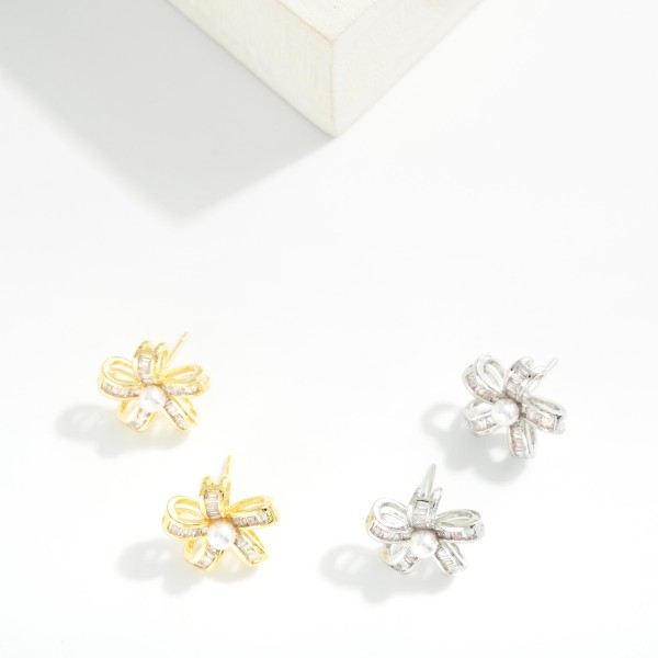 Rhinestone & Pearl Metal Flower Stud Earrings 

- Approximately .5" L