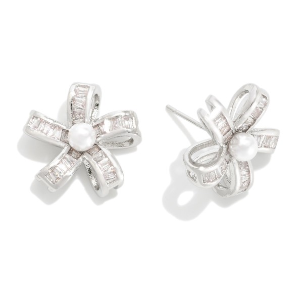 Rhinestone & Pearl Metal Flower Stud Earrings 

- Approximately .5" L
